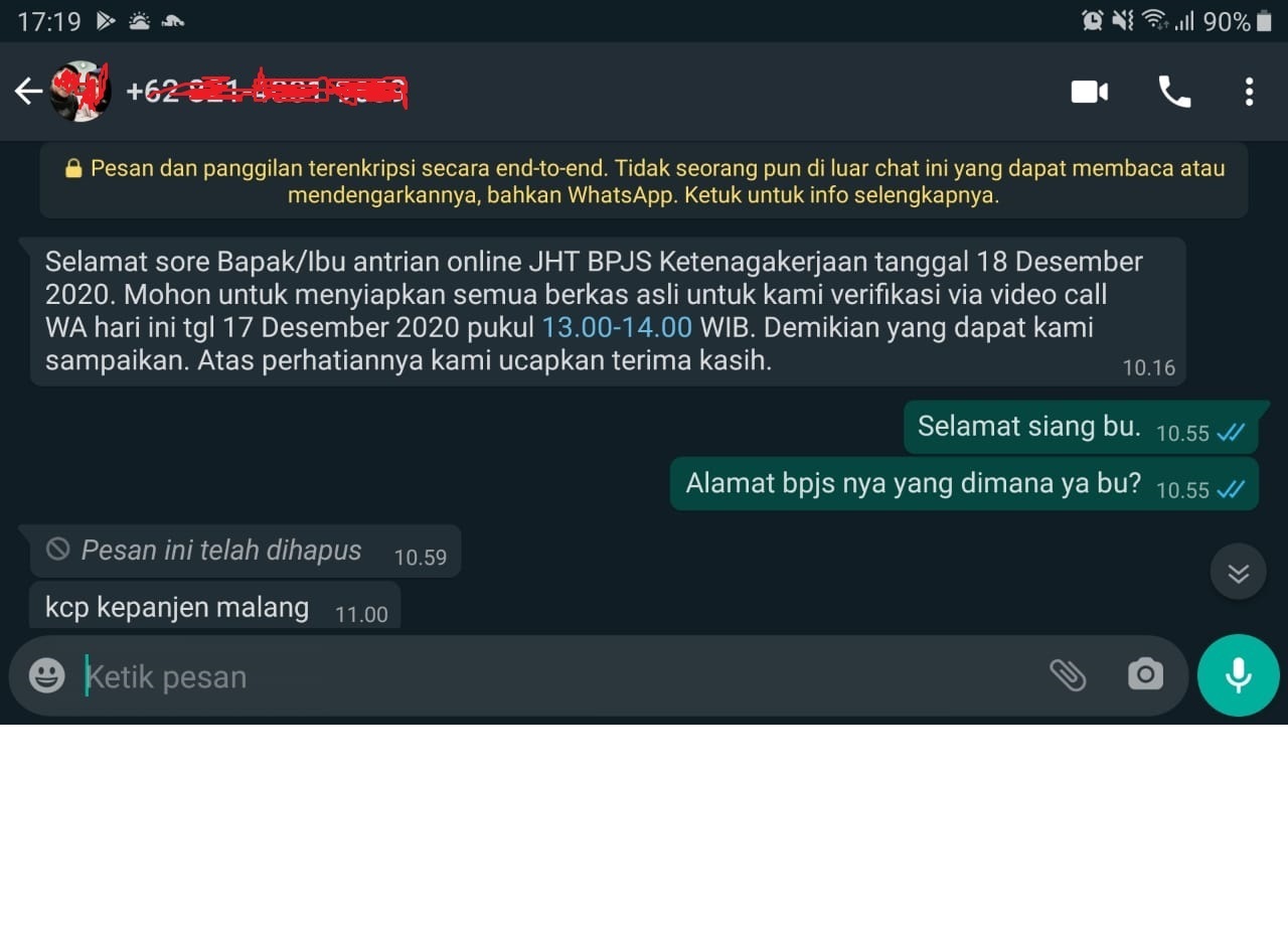 Pemberitahuan WA tentang verifikasi data-data Klaim BPJS.